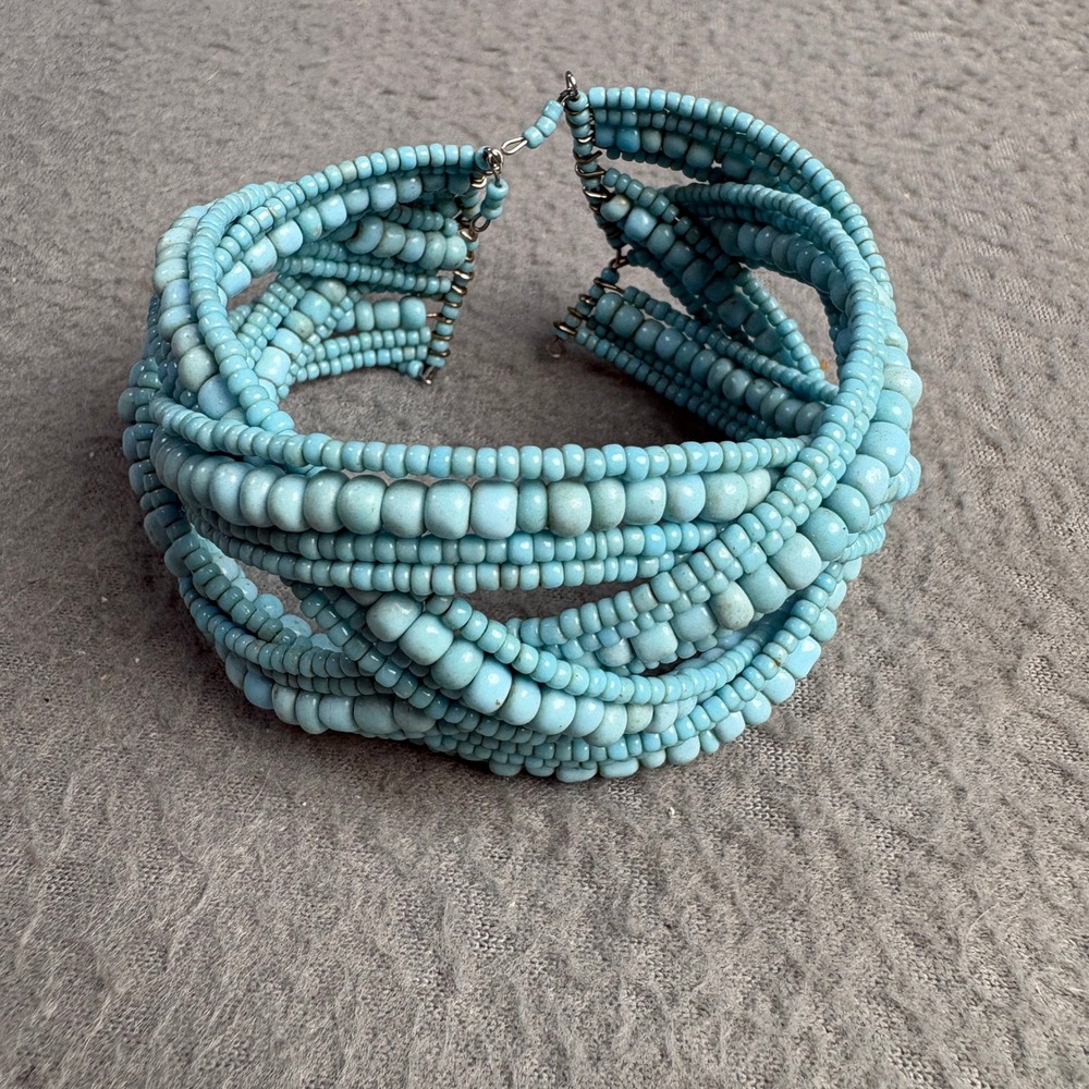 Turquoise Blue Multi Strand Seed Bead Woven Cuff Bracelet Boho Statement Wide